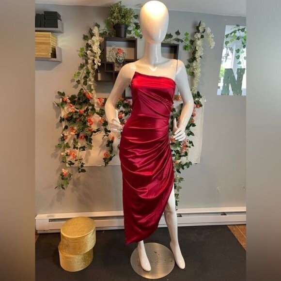 Strapless Asymmetrical Corset Satin Evening Dress One shoulder Red M RfI036-2 - Picture 5 of 11